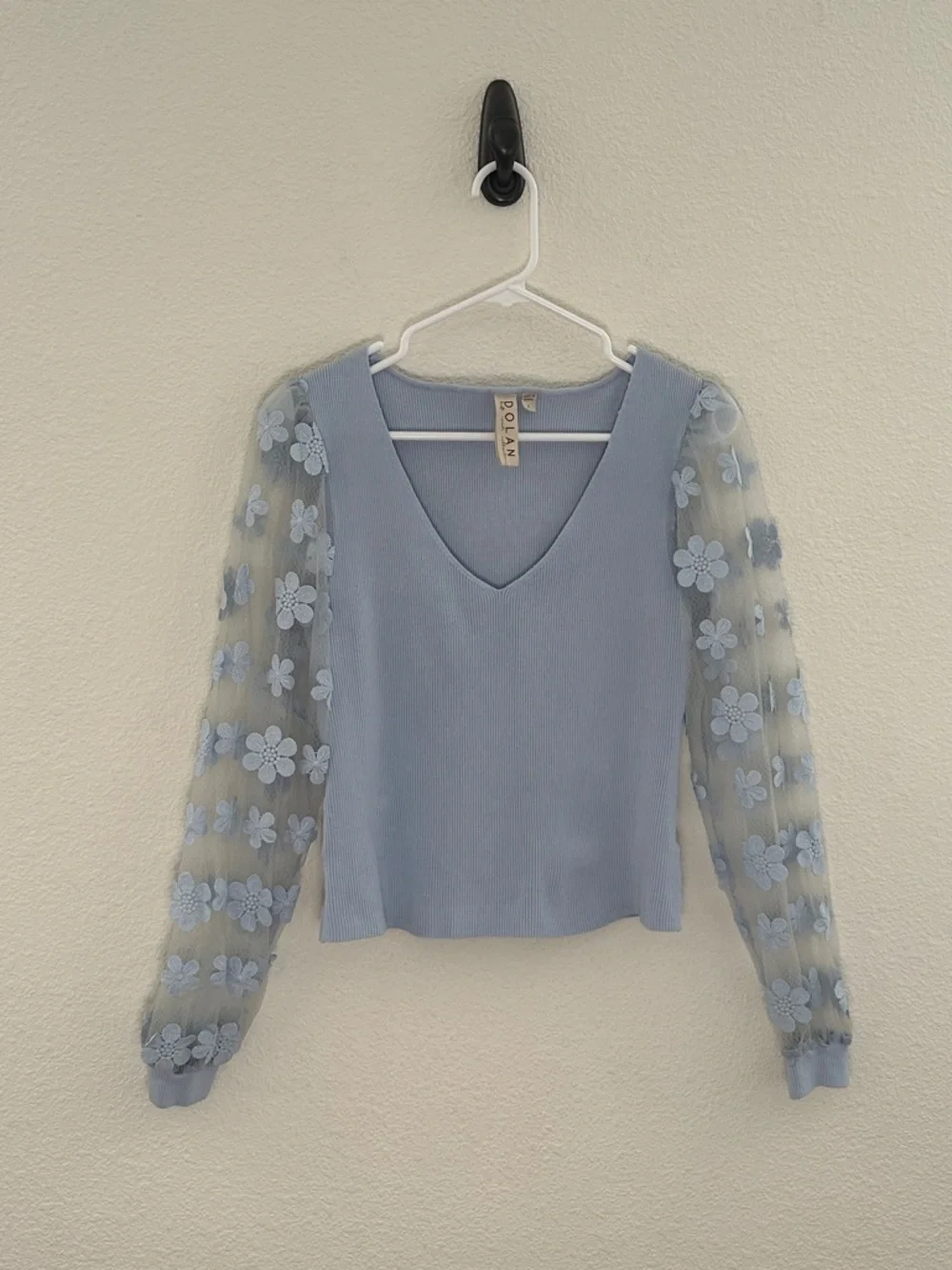 Dolan‎ Sheer-Sleeve Appliqué Puff Sleeve Sweater Boho Small